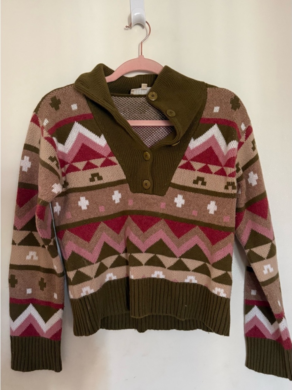 Sezane Sweater Olive & Pink Patterned Shawl Collar Sweater xs
